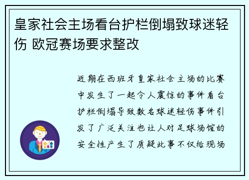 皇家社会主场看台护栏倒塌致球迷轻伤 欧冠赛场要求整改