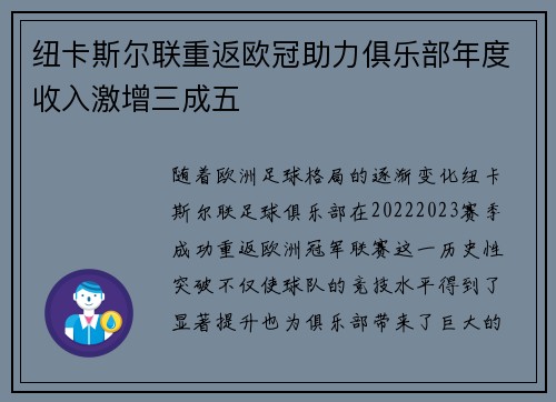 纽卡斯尔联重返欧冠助力俱乐部年度收入激增三成五