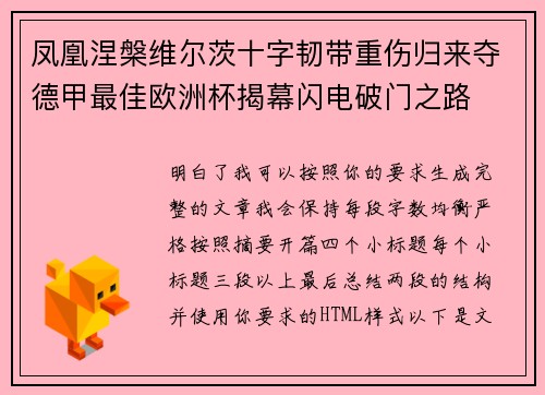 凤凰涅槃维尔茨十字韧带重伤归来夺德甲最佳欧洲杯揭幕闪电破门之路